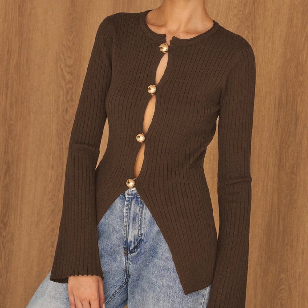 Commense Golden Button Split Knit Top - Brown